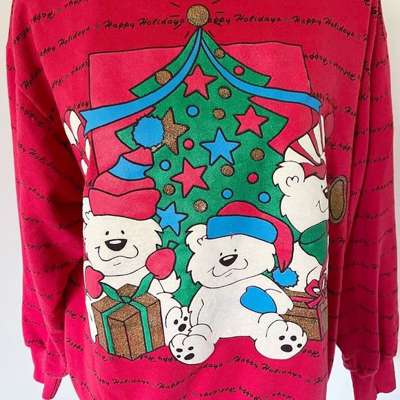 Vintage 90s Holiday Time Red Ugly Puff Paint Pullover Popover Sweatshirt Sweater - Picture 3 of 16